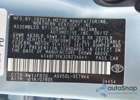 2012 Toyota Camry Le from USA, damaged, VIN 4T4BF1FK3CR234041